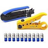 Coaxial Compression Tool Coax Cable Crimper Kit Adjustable RG6 RG59 RG11 75-5 75-7 Coaxial Cable Stripper with 10 PCS F Compression Connectors - Blue