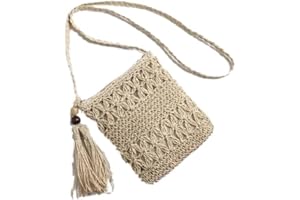 Women Straw Woven Bag, Straw Satchel Weave Bag Hand Knitting Square Shape Tassels Woven Bag for Beach Dating(Beige)