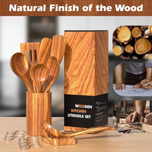 CENXI Wooden Cooking Spoons, Cooking Utensils 9 pcs, Natural Teak Wooden Cooking Spatulas, with Utensils Holder and 7Hooks, Comfort Grip Wooden Kitchen Utensils for Nonstick Cookware (9pcs&hook)