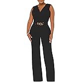 ZonJie Women's Dressy Jumpsuits Summer Sexy Party Rompers Elegant Deep V Neck Backless Clubwear Wide Leg Long Pants