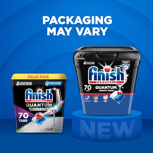 Finish® Quantum® Infinity Shine® Dishwasher Detergent Pods, 3 Chamber Formula with PowerBall, 2X Grease Fighting*, 24H Dried-On Stains, Shine Protection, No Pre-Rinse, 70 Tabs