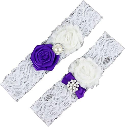 AugusWu Women White Wedding Garters for Bride Lace 2 Pcs Sets Purple Blue
