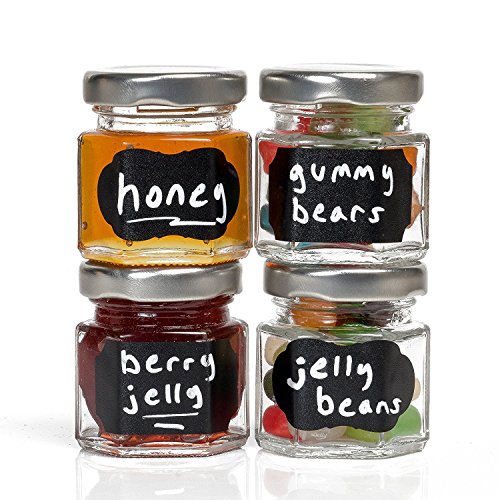 Hexagon Glass Jars by Nellam - 1.05oz, 24 Pack. Includes 48 Chalk Sticker Labels and 2x Chalk Pen. DIY Jars for Canning, Party Favors, Jams, Sauces, Herbs, Spices. (Silver Lid - 24 Pcs)