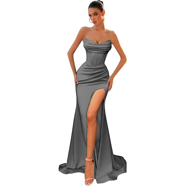 CRIEBDK Satin Prom Dresses for Women Long Ball Gowns Asymmetrical Neckline  Formal Dresses with High Slit Black 0 at Amazon Women's Clothing store