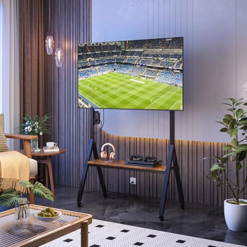 Simple Wisdom Soporte para TV móvil con Toma de Corriente,Soporte para TV con Lamas,Apto para TV de 32 a 75 Pulgadas,Carga máxima 60 kg,Ajuste de Altura,Base de Madera Segura