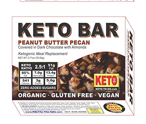 Keto Bars – Organic Vegan Peanut Butter Pecan Covered in Dark Chocolate with Almonds – Ketogenic Meal Replacement Bar – Organic – Gluten Free – Vegan! 5-Pak
