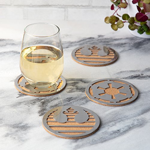Star Wars Coasters, Set of 4 - Cork with Laser Cut Steel Rebel and Imperial Logos - 4" Round