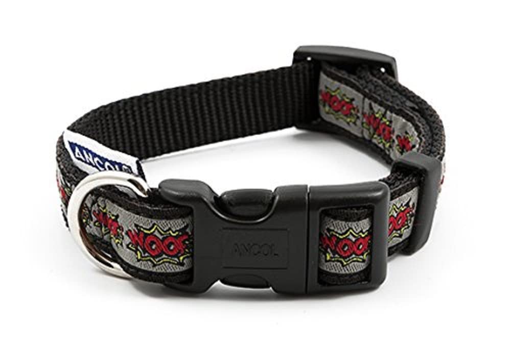 Ancol Grey Woof Dog Collar for Dogs and Puppies - Bold Comic Book Design Pet Training Collar with Quick Release Buckle and D-Ring - Adjustable Fit - Size 20-30cm — image 1