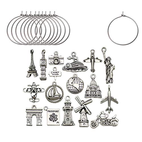 WOCRAFT 50 Sets Craft Supplies Travel Themed Wine Glass Charms Markers Wine Tasting Party Decoration Supplies Gift with 25mm Strong Stainless Steel Wine Glass Charm Rings (M353)