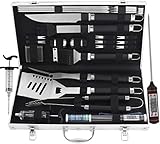 Grilljoy Limited Time Deal To Celebrate Christmas - BBQ Grill Tool Set, 24pcs Stainless Steel BBQ Accessories With Black Non-Slip Handle In Aluminum Case, Premium Complete BBQ Utensil Gift For Man