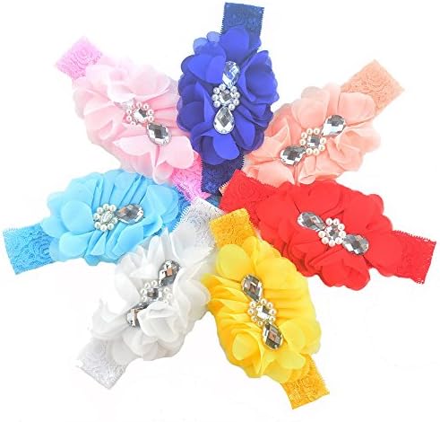 7 Pcs 7 Color Chiffon Lace Flower Baby Girls Turban Headband Head Wrap With Pearl (AIFD87)