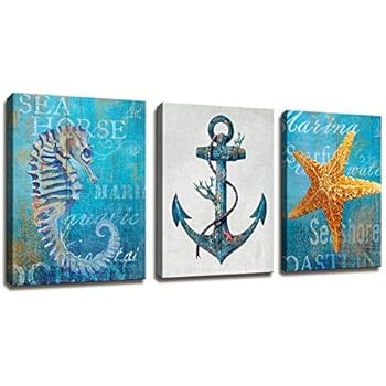 Vintage Rustic Nautical Anchor And Starfish Shell Of The Beach Antique Pictures Decorations Walls - 3 Panel Blue Wall Art Giclee Canvas Painting Stretched And Framed Artwork Decor Home Bathroom Office
