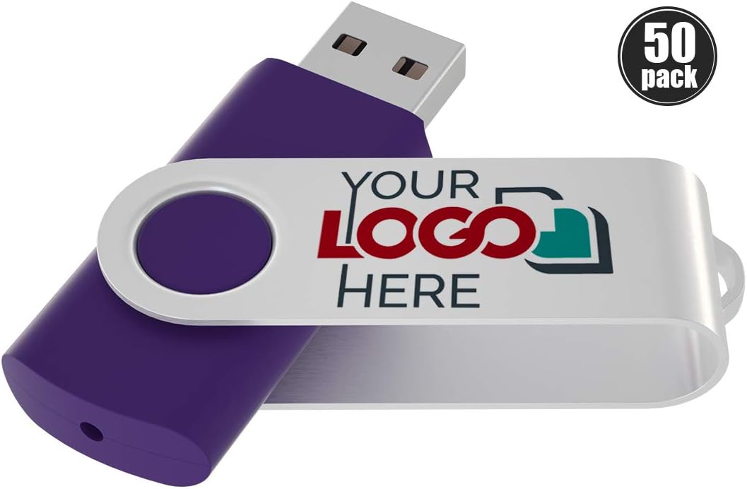 Custom 1GB USB 2.0 Flash Drive Customized Swivel Jump Drive Personalized with Your Company Logo Wholesale Promo, Purple 50 Pack