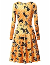 Vestido de fiesta acampanado estampado informal de manga larga con cuello redondo de Halloween para mujer VETIOR