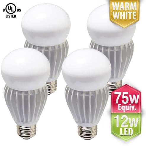 [4-Pack] PacLights 60w to 75w equivalent 12-watt LED Omnidirectional Dimmable Light Bulb Omni60, Soft / Warm White, 900 lumens, E26 Medium Base Standard A19, UL Listed