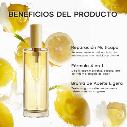 HALOVIDA Aceite para Cabello, Protector Térmico, Antifrizz, Fortalece el Cabello y lo Nutre en Profundidad, Dejando un Acabado Brillante y Sedoso, Apto para Todo Tipo de Cabello, con Fórmula Protectora del Color, 80 ml