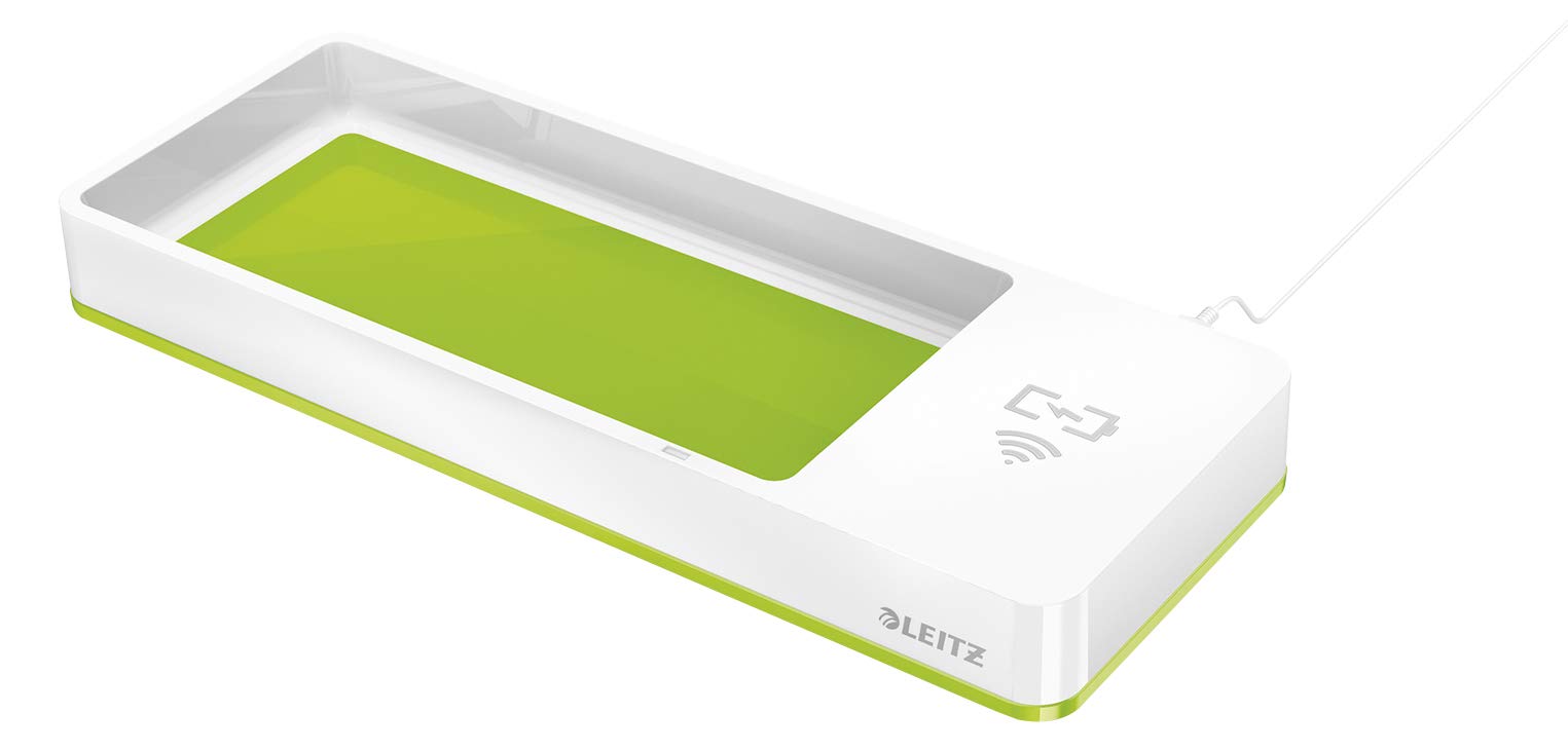 Leitz 53651054 Desk Organiser with Qi Wireless Induction Phone Charger, WOW Range, White/Green