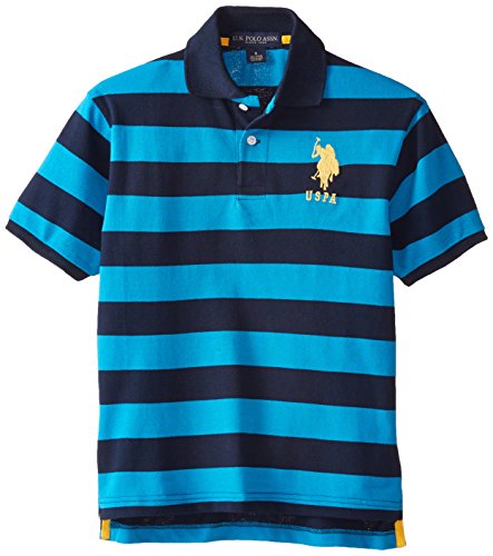 U.S. Polo Assn. Big Boys' Big Pony Logo Striped Pique Polo, Teal Blue, 14/16