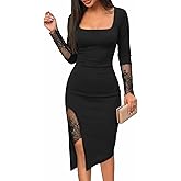 CHICME Women's Fall Long Sleeve Black Lace Slit Dresses Square Neck Asymmetrical Hem Party Cocktail Dress
