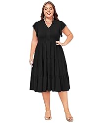 Moon Wood Womens Plus Size V Neck Ruffle Midi Dress