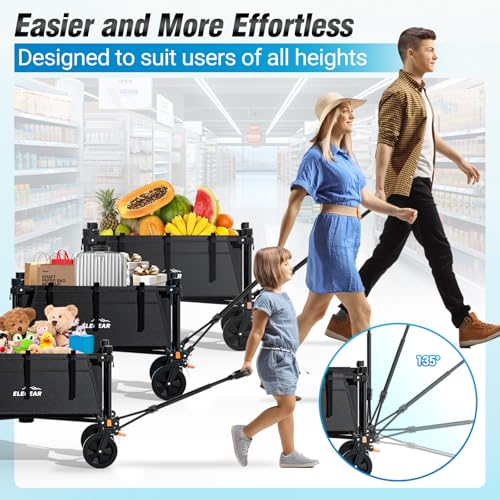 Elegear Beach Cart with Brakes 200L, Folding Garden Cart with Adjustable Handle and Cup Holder, Foldable Transport Cart for Camping Shopping Sports, Black