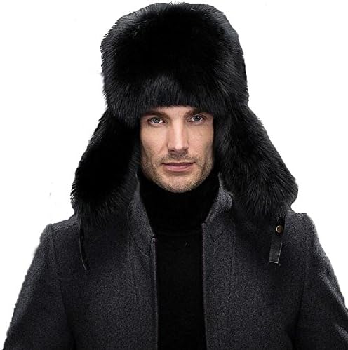 Okayda Winter Warm Fluffy Fox Fur Hats Real Racoon Fur Hat With Flaps For Men Black L