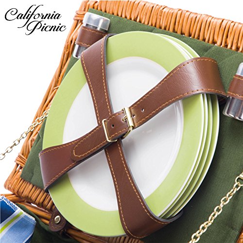 Picnic Basket Set for 4 Person Picnic Hamper Set | Double Lid | Beach Collection | Folding Picnic Blanket Ceramic Plates Metal Flatware Wine Glasses S/P Shakers Bottle Opener Green Lining Picnic Set - Thumbnail 4