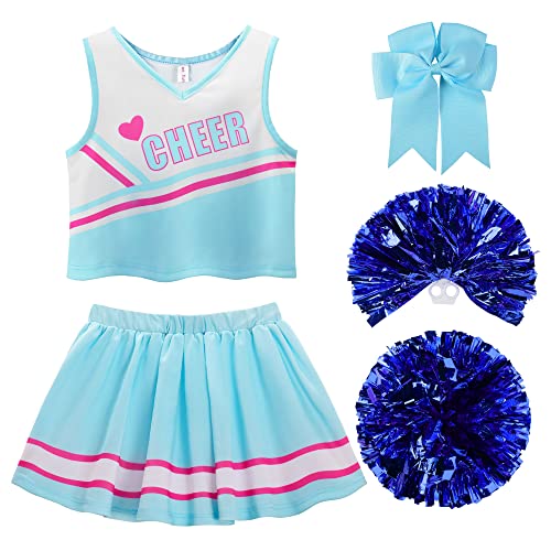 ReliBeauty Cheerleader Kostüm Kinder Kleid mit Pompoms und Kopfschmuck，blau,120