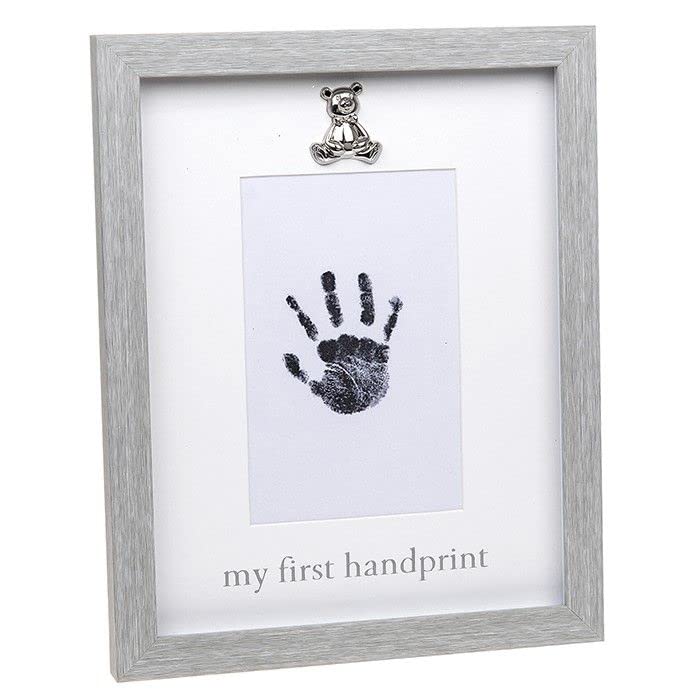 Soft Grey Framed My First Handprint Baby Photo Frame with Silver Teddy Bear