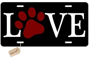 Amcove License Plate Love with Red Paw Print Metal License Plate Aluminum Metal License Plate Car Tag Novelty Home Decoration for Women Girls Men Boys 6 inch X 12 inch
