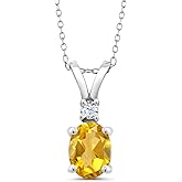 925 Sterling Silver Gemstone Birthstone & White Created Sapphire Pendant Necklace for Women | 8X6MM Oval Center Stone & 2.5MM Round Accent | Fine Jewelry Gifts for Her Mom Women Wife | 18 Inch Chain