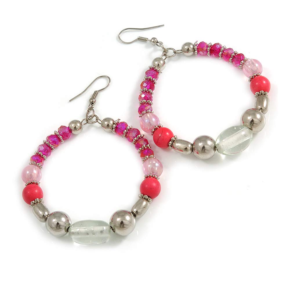 Fuchsia/Pink/Transparent Ceramic/Glass Bead Hoop Earrings In Silver Tone - 80mm Long