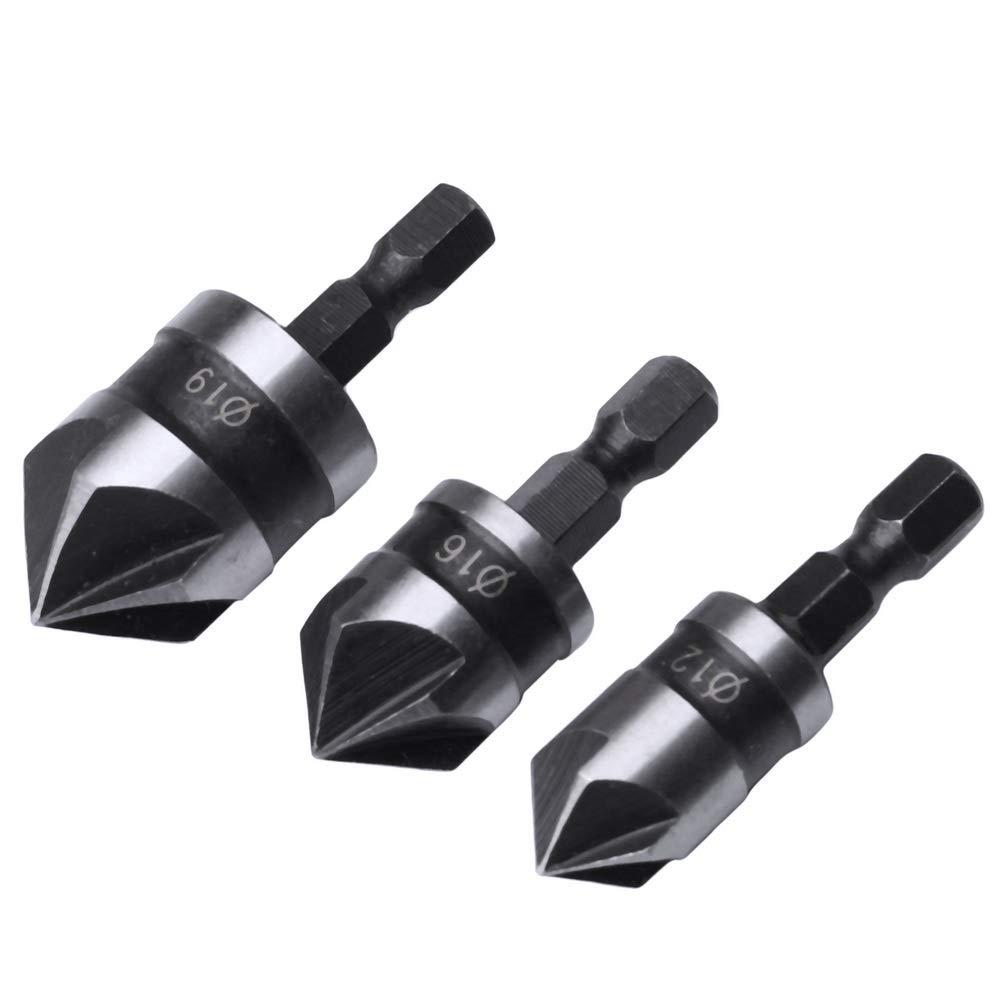 Leful 3 pcs 1/4 Inch Hex Shank, Countersink Drill Bit Hex Shank 5 Flute 90 Degree Chamfering Counter Sinker Wood Drill Bits Set(12mm 16mm 19mm)