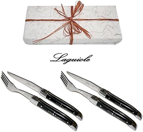 Laguiole - Real Black Wood - Steak Knives + Steak Forks Set - Blade: Sharp + Smooth - Shepherd's Cross on Handles (Quality Family Black Pakkawood Table Flatware Place Setting - Direct From France)