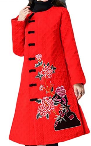 lovever Womens Fashion Long Sleeve Chinese Embroidery Print A-Line Linen Cotton Plus Size Long Coat Red S