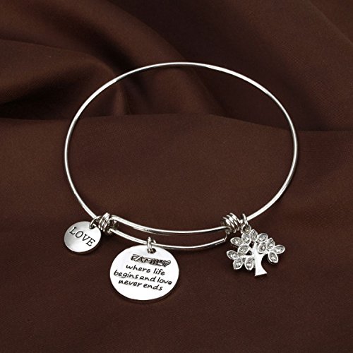 Udobuy Expandable Family Tree Charm Bangle - Family Where Life Begins and Love Never Ends and Love Inscriptions Bracelet