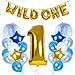 Treasures Gifted Wild One First Birthday Decorations for Safari or Jungle Themed Boys Party Supplies with Gold Blue and Pastel Latex Metallic Number Foil Balloons Banners