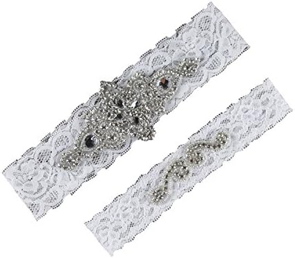 Haydice Luxury Crystal Applique Rhinestones Wedding Garter Handmade Bridal Garter Leg Garter Belt (White)