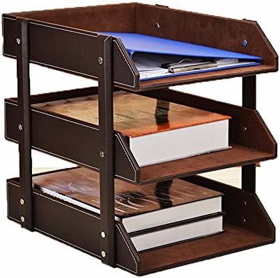 Office 3 Tiers Leather File Rack Document Filing Tray Case Wooden MDF Desktop file holder Storage Organizer (Coffee)