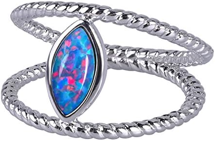 KELITCH Sterling-Silver Created Opal Anniversary Wedding Double Line Ring for Lovers, Evil Eye - Size 7