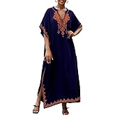 Eddoyee Kaftan Dresses for Women Embroidered Short Sleeve V-Neck Plus Size Caftan Bikini Swimsuit Cover-Up Long Beach Dress