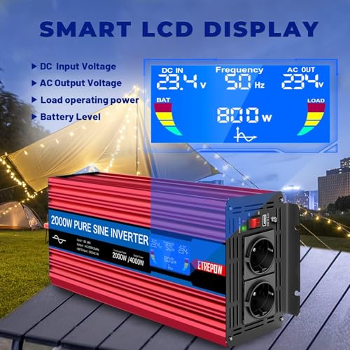 ETREPOW 2000W Inverter 24V 220V Pure Sine Wave Transformer with 2 EU Sockets and USB, Wireless Remote Control, LCD Display, Peak 4000W
