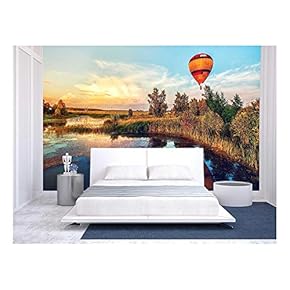Beautiful Fantasy Sunrise Summer Landscape with Lake and Flying Aerostat - Removable Wall Mural | Self-Adhesive Large Wallpaper - 66x96 inches