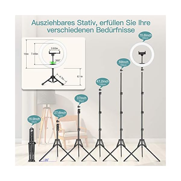 LED Ringlicht mit Stativ Handy, 10" Selfie Ringleuchte mit Fernbedienung und Doppel Handyhalter mit 3 Farbe&10 Helligkeitsstufen für YouTube TikTok Fotografie Live-Streaming [Tischstativ inklusive] – Bild 4