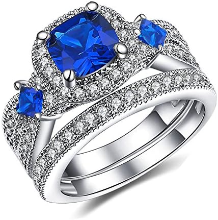 Vibrille 925 Sterling Silver Cushion-Cut Created Blue Sapphire and Cubic zirconia Square Frame Bridal Wedding Ring Sets Size 10