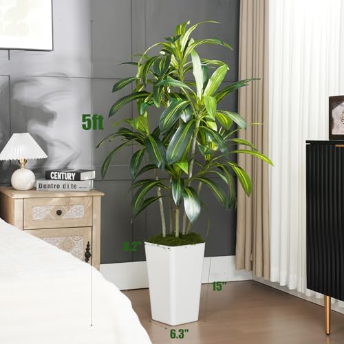 ZEEOZE 150cm Dracaena Plant Artificial Tree Tall Fake Tropical Floor Plants Potted Artificial Silk Tree Leaf Faux Trees White Tall Planter for Home Office Living Room Indoor Outdoor Decor