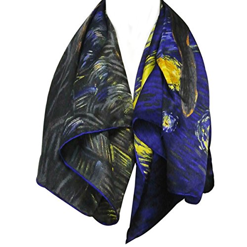 Wrapables Luxurious 100% Charmeuse Silk Square Scarf with Hand Rolled Edges, Van Gogh's Starry Night