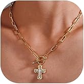 KALOAURA Chunky Cross Necklace for Women, 14K Gold/Silver Plated Statement Paperclip Chain Double Cross Pendant Necklaces Non Tarnish for Faith Religious Christian Jewelry Gifts
