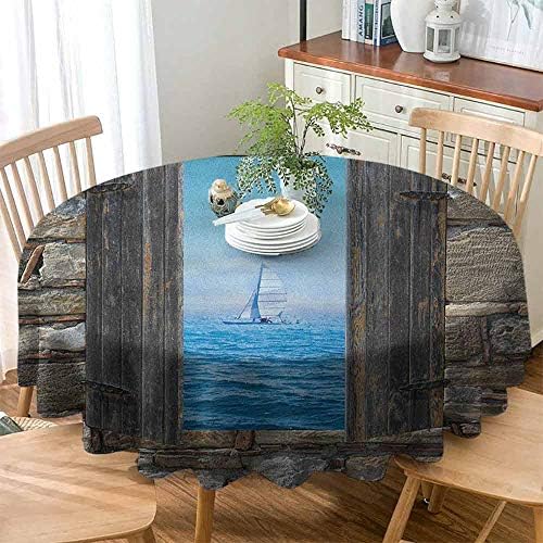 Xlcsomf Oil-Proof Round Tablecloth Nautical Prevent Scratching The Table Image of A Sailing Boat from Stone Window Narrow Perspective Idyllic Mediterranean,D67(170cm) Grey Blue