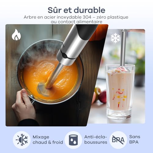 Ganiza Mixeur Plongeant 5-en-1, Mixeur Plongeur 1200W en Acier Inoxydable, Vitesse Réglable& Modes Turbo, avec Hachoir de 600ml, Fouet, et Verre Doseur 800ml, Idéal pour Soupes, Smoothies